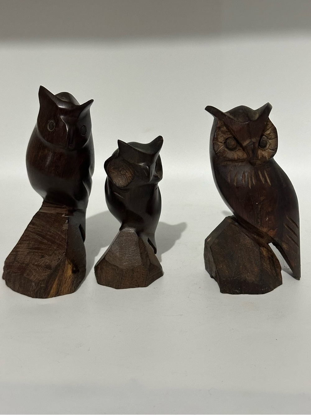 Hand-Carved Dark Brown Wooden Owl Figurines - Set of 3. Vintage